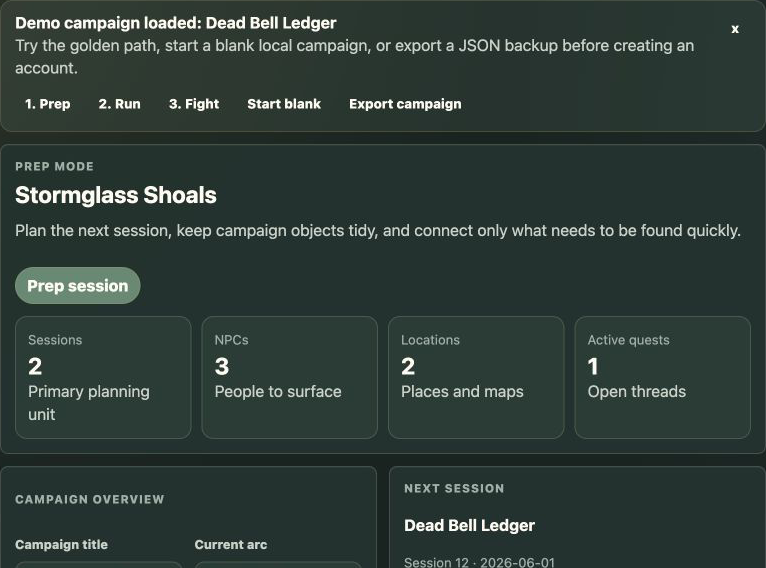 Dungeon Archivist Prep mode showing campaign records and linked session planning.