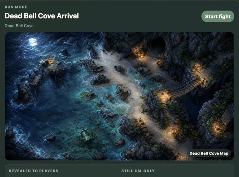 Dungeon Archivist Run mode showing the active scene, player reveals, and live notes.